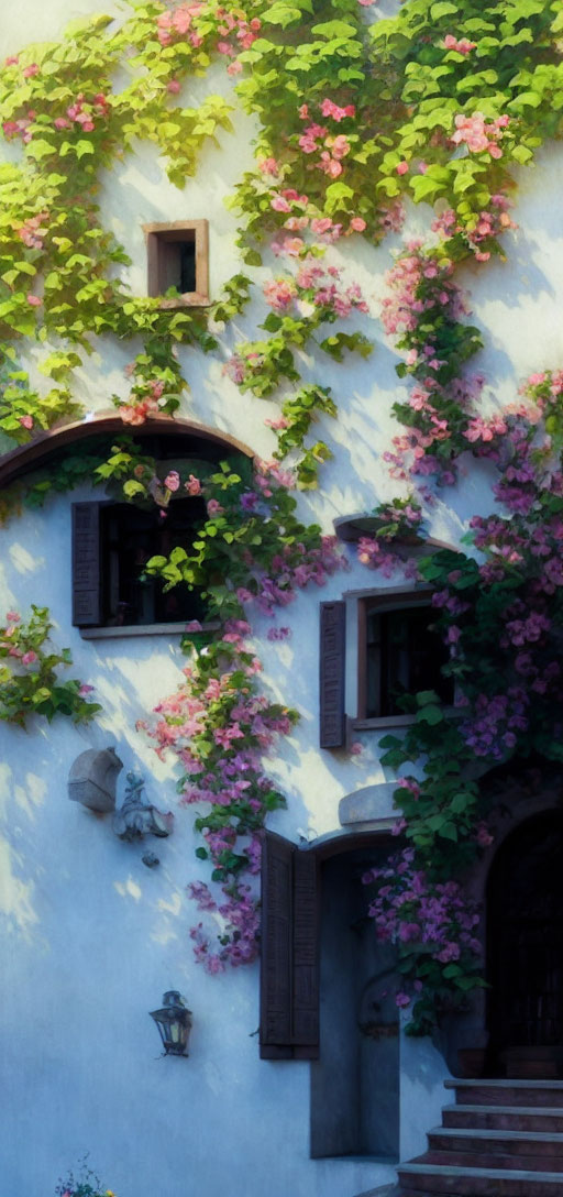 White building with ivy, pink flowers, brown shutters, and arched doorway