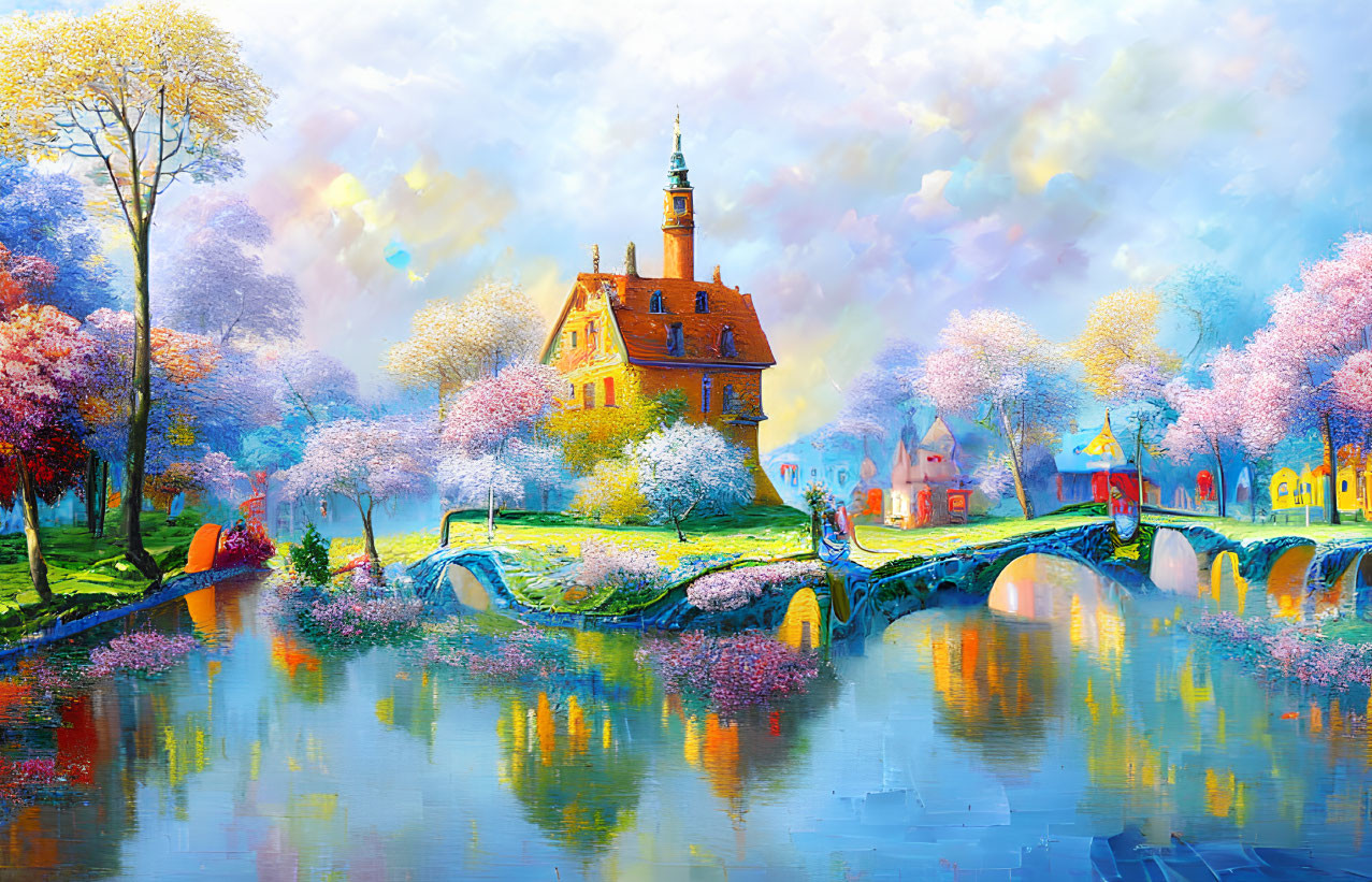Scenic painting of village church, blooming trees, stone bridge, and colorful sky
