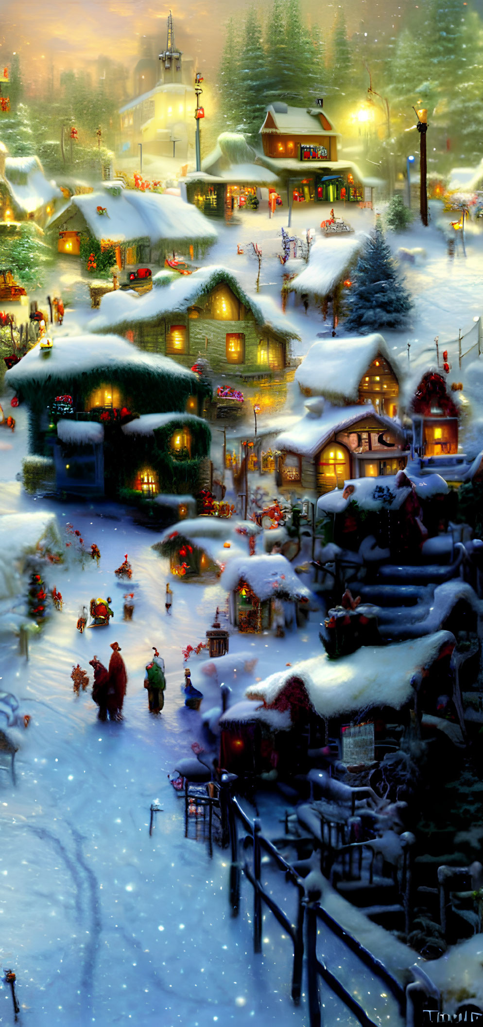 Snow-covered winter village with illuminated houses and villagers on snowy path