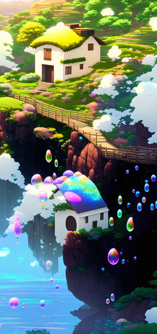 Colorful landscape with houses on cliffs, floating bubbles, and serene water