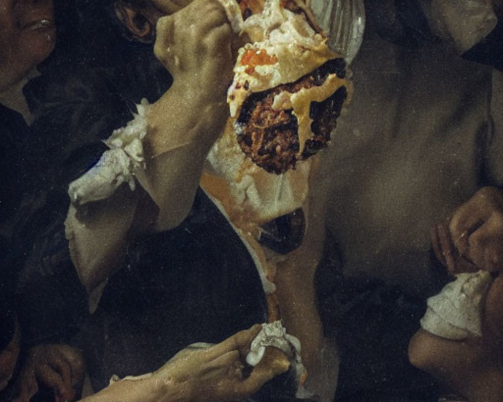 Surreal image: Faceless figures destroying baby-shaped cake