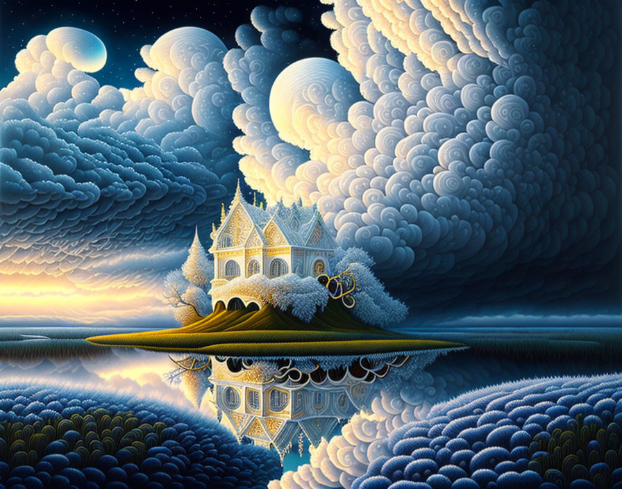 Fantastical landscape with castle, water reflection, intricate clouds, celestial bodies