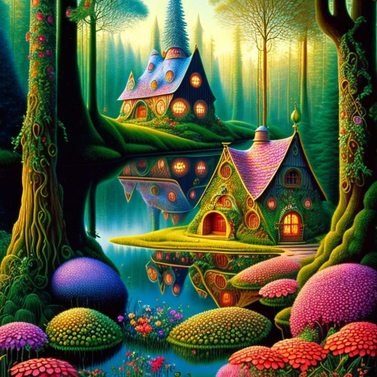 Fantasy landscape with whimsical houses, lush trees, colorful flora, and reflective lake