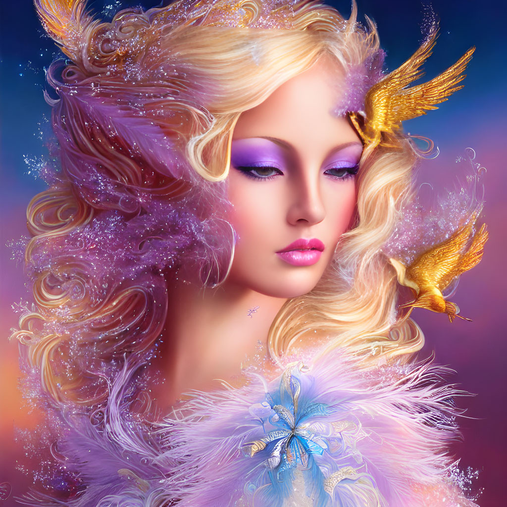 Fantasy illustration of woman with golden feathered hair and hummingbird in soft pastel hues