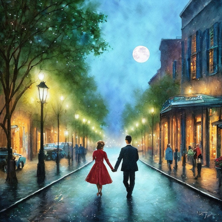 Romantic couple walking on rain-kissed street under moonlight
