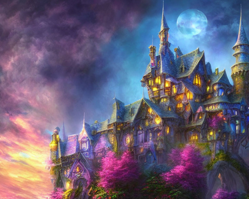 Fantasy castle with towering spires and moonlit sky