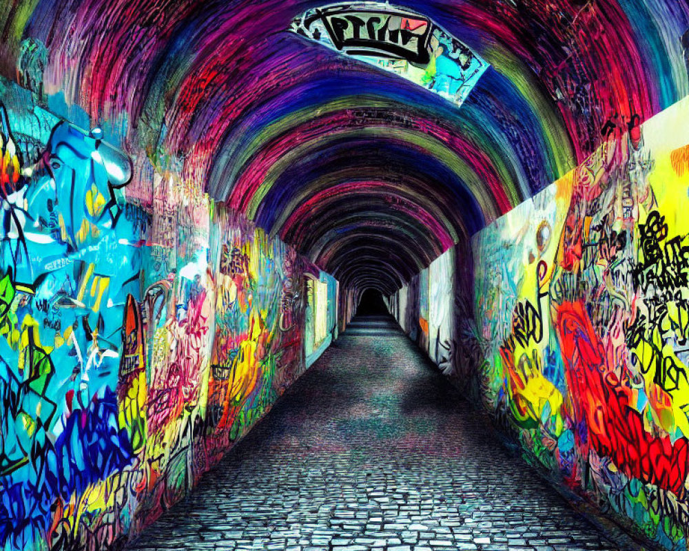 Colorful Graffiti Tunnel with Cobblestone Pathway