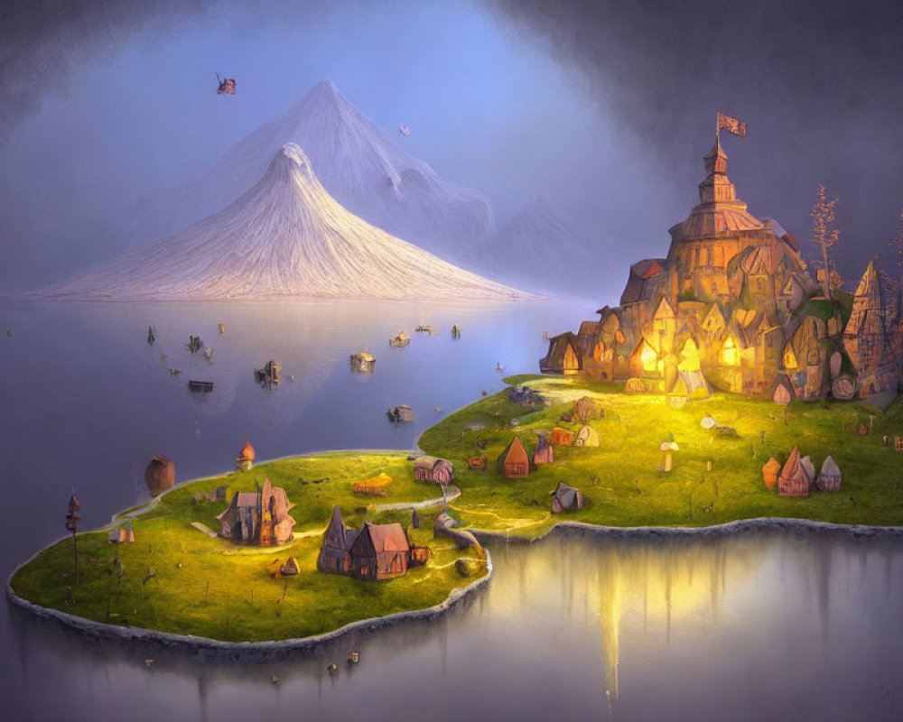 Fantasy landscape with island village, luminous structures, boats, mountains, and twilight sky.