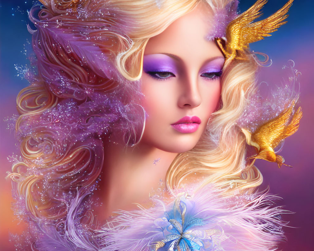 Fantasy illustration of woman with golden feathered hair and hummingbird in soft pastel hues