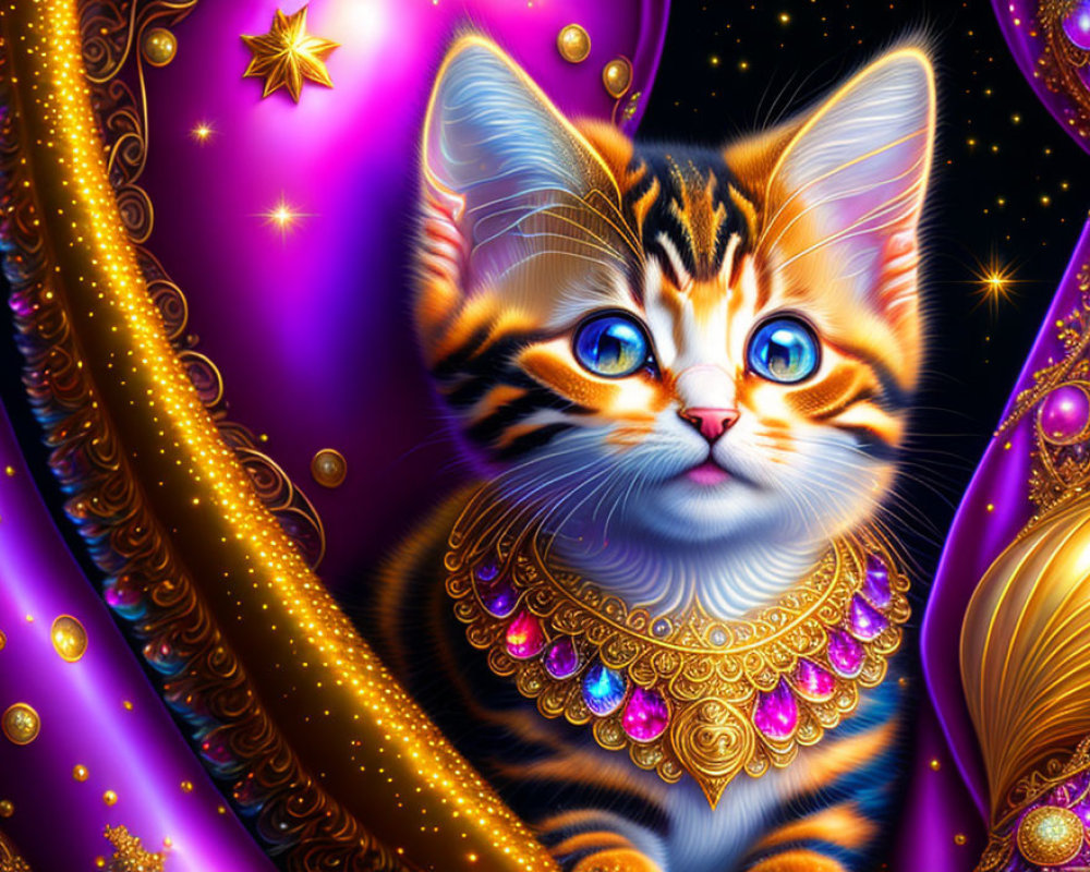 Colorful Digital Artwork: Whimsical Kitten with Golden Jewelry on Magical Purple Starry Background