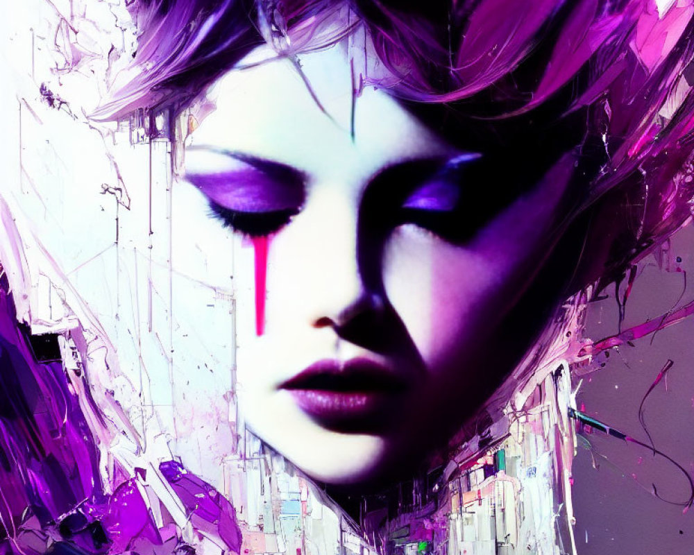 Colorful digital artwork: Woman's face with purple hues and tear.