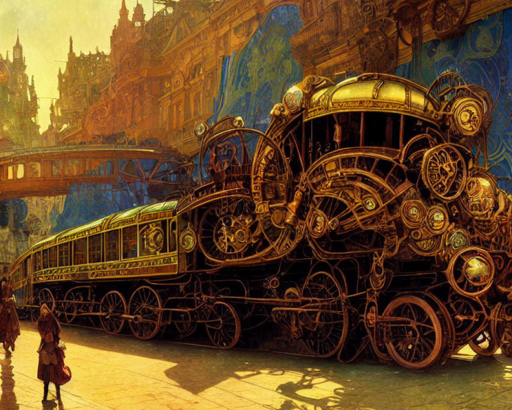Steampunk-style train in vintage cityscape with individuals in period attire
