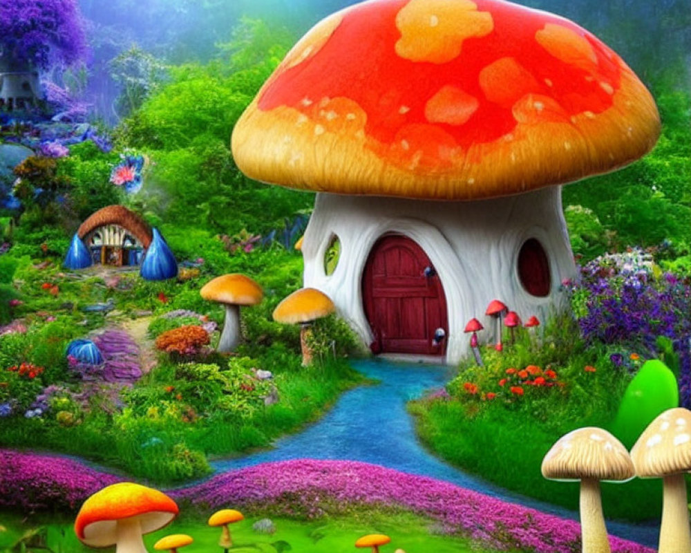 Fantasy landscape with mushroom house and lush greenery