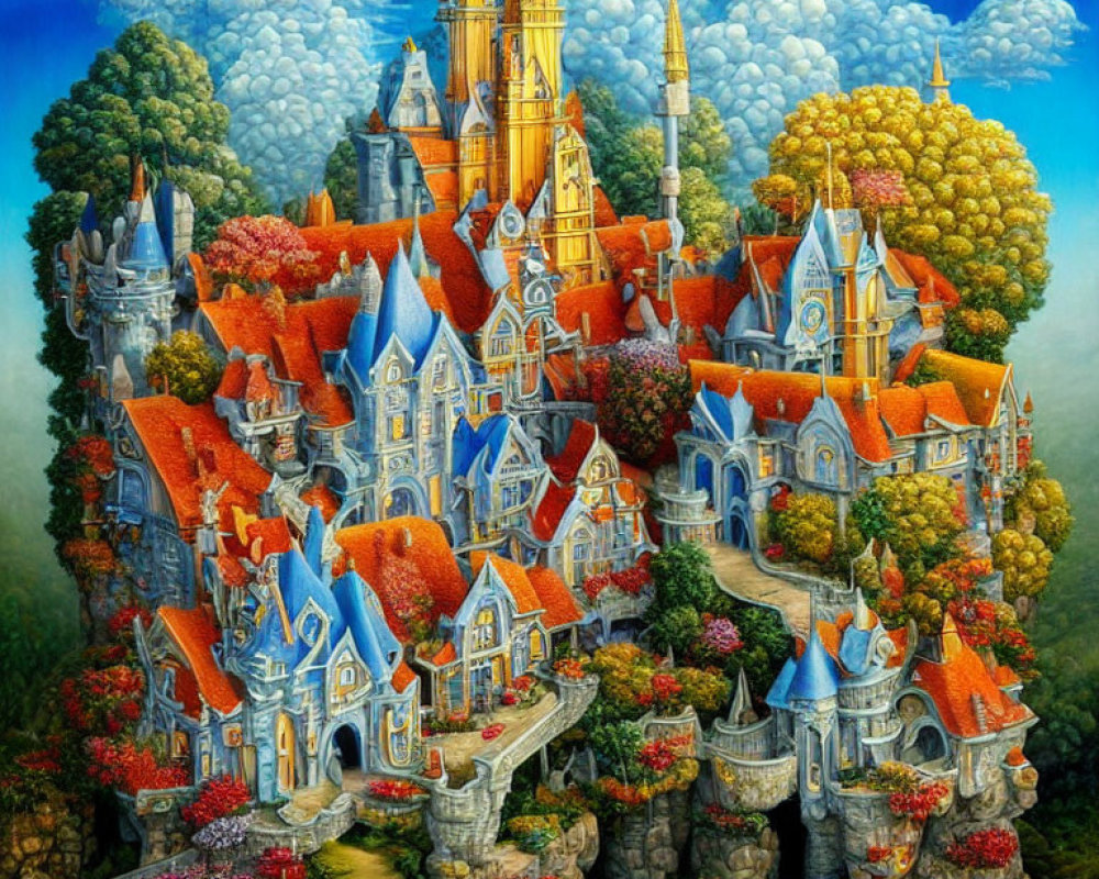 Colorful Castle with Blue Roofs and Golden Spires in Lush Greenery