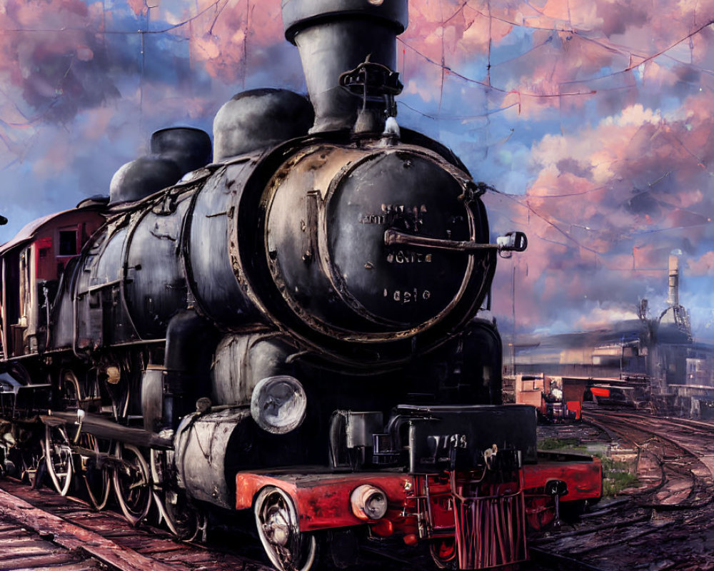 Vintage Steam Locomotive Number 5 on Railway Tracks with Industrial Background