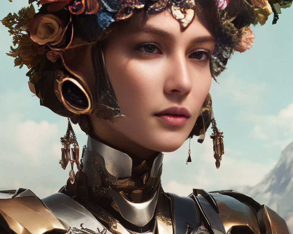 Woman in Floral Crown and Metal Armor with Earpiece in Cloudy Sky