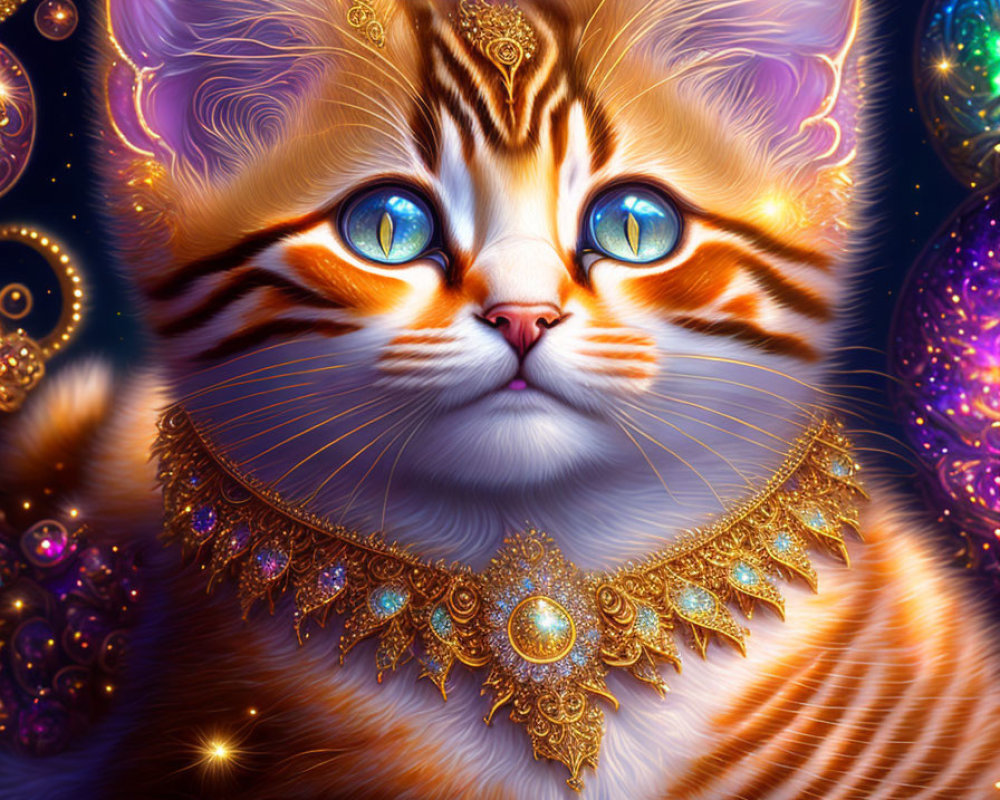 Regal cat illustration with blue eyes and cosmic background