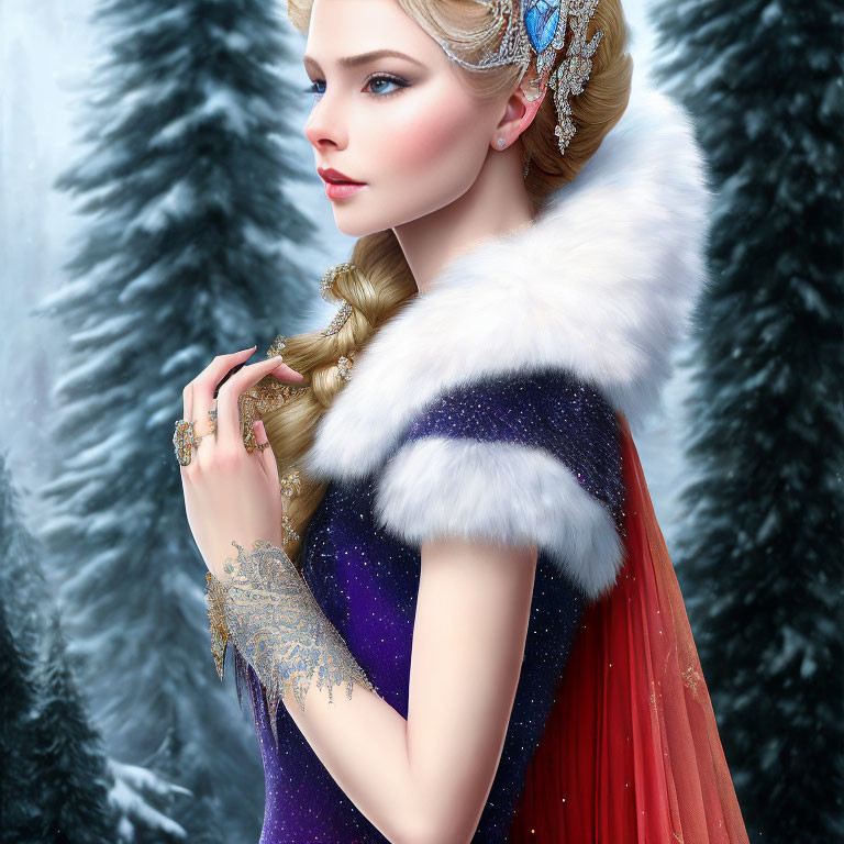Regal woman in purple dress with braided hair in snowy forest.