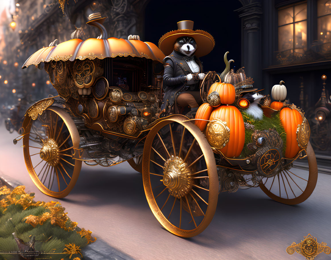 Steampunk Pumpkin Carriage Driven By Racoon