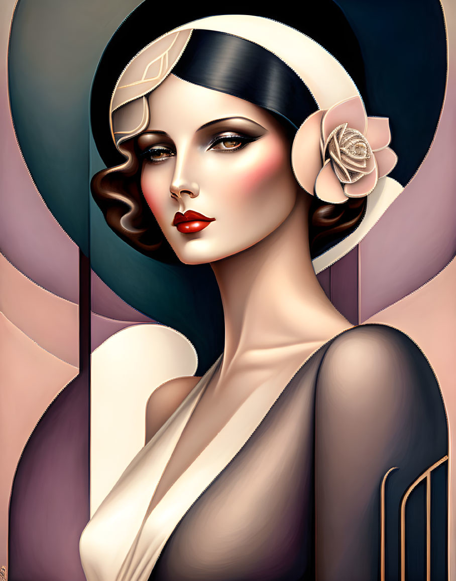 Stylized portrait of woman with 1920s-inspired look and art deco backdrop