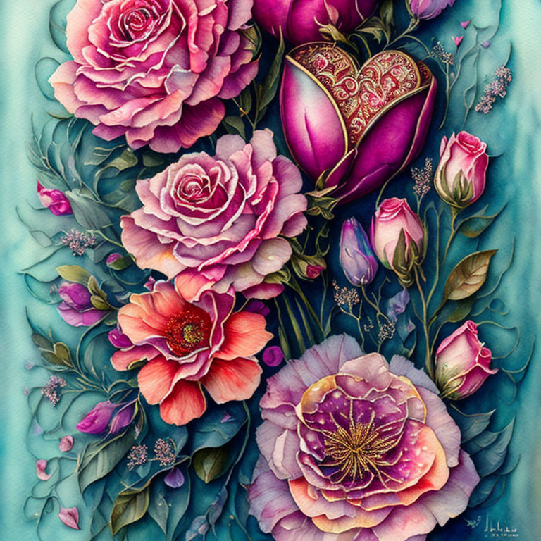 Detailed illustration of vibrant roses and heart with pink hues on teal background