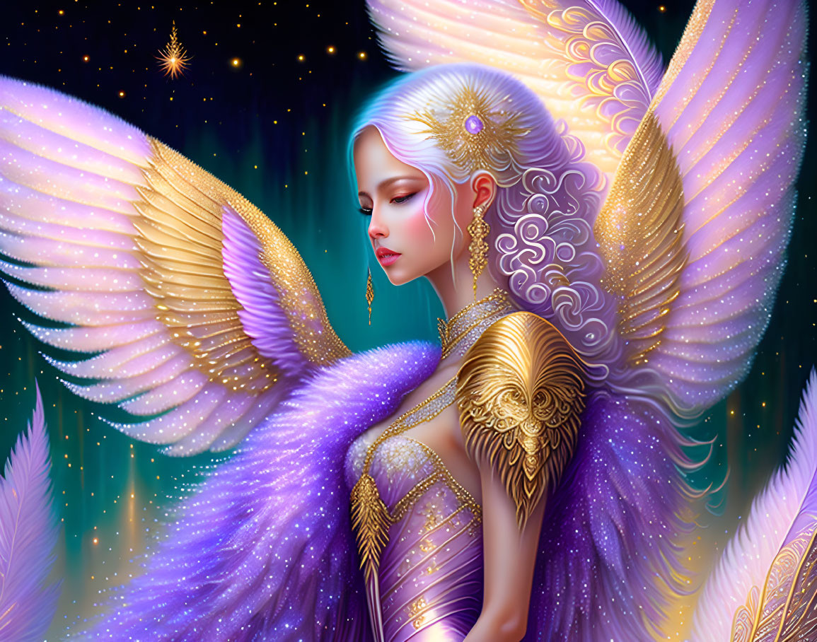 Golden-winged angel in purple gown on starry night background