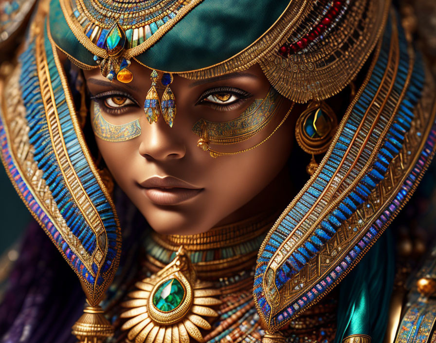 Detailed portrait of woman in ancient Egyptian-inspired attire with vibrant colors and intricate designs