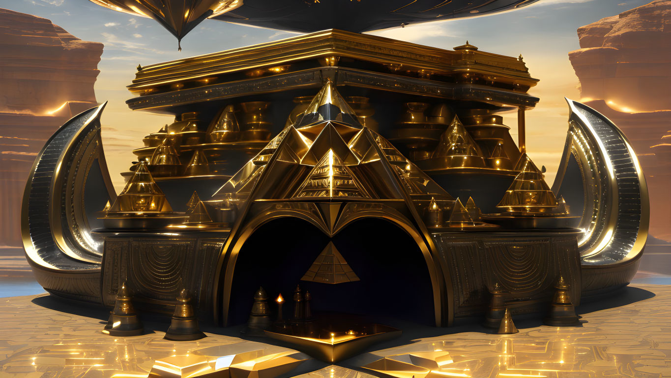 Golden futuristic temple with pyramids and arches in dramatic setting