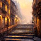 Glowing street lamps on misty cobblestone staircase at night