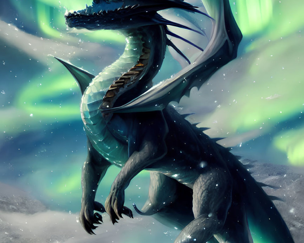 Blue Dragon with Glowing Eyes Towering Over Human in Snowy Landscape