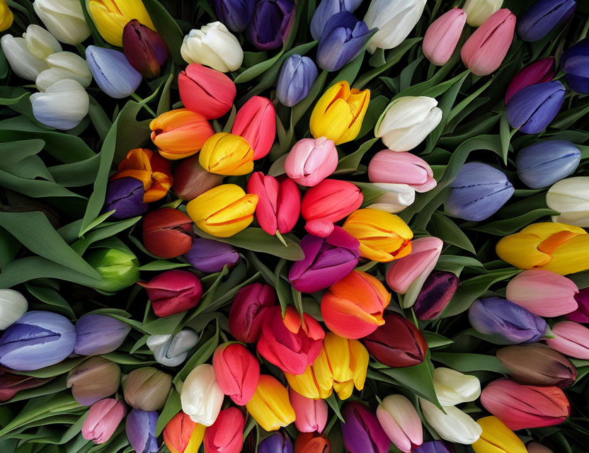 Multicolored tulips with fresh green leaves in dense floral pattern