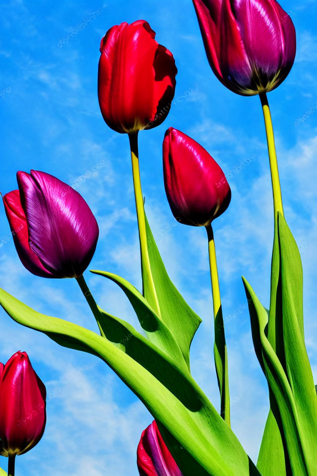 Colorful Tulips Blooming Under Blue Sky