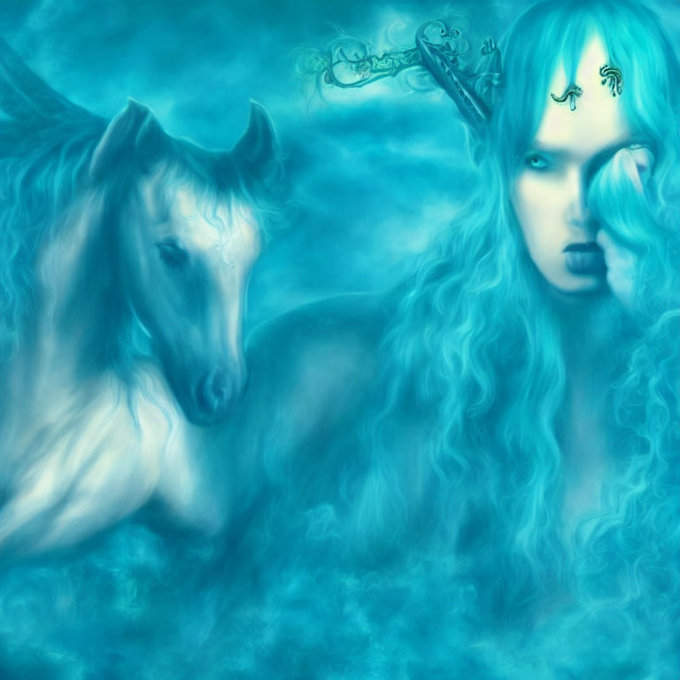Fantastical image of woman with blue skin and mythical horse in misty blue ambiance