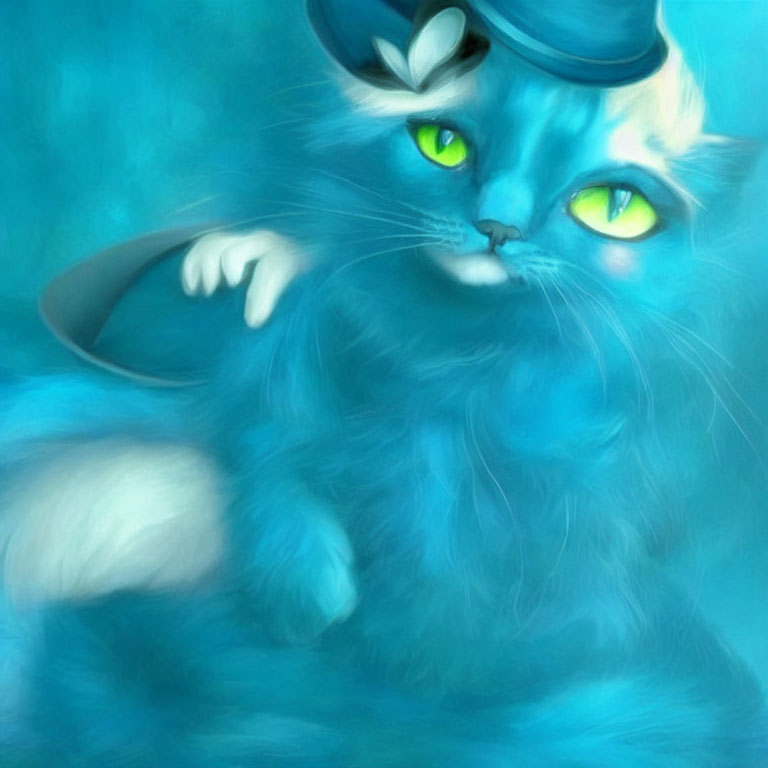 Blue Cat with Green Eyes Wearing Hat and Holding Cup