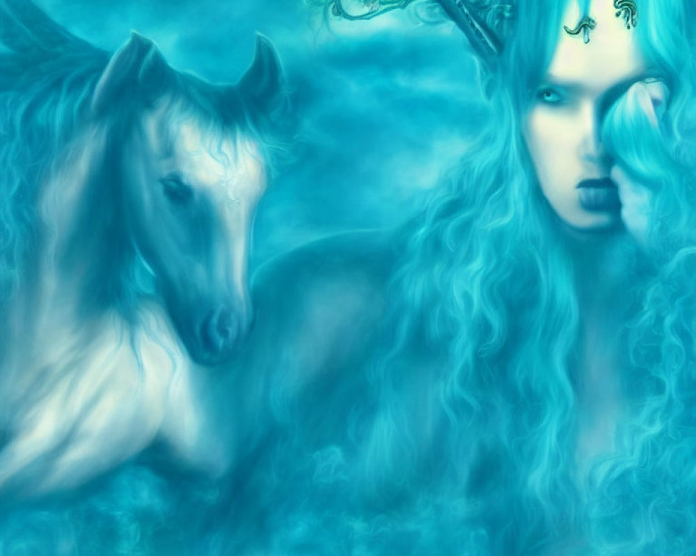 Fantastical image of woman with blue skin and mythical horse in misty blue ambiance