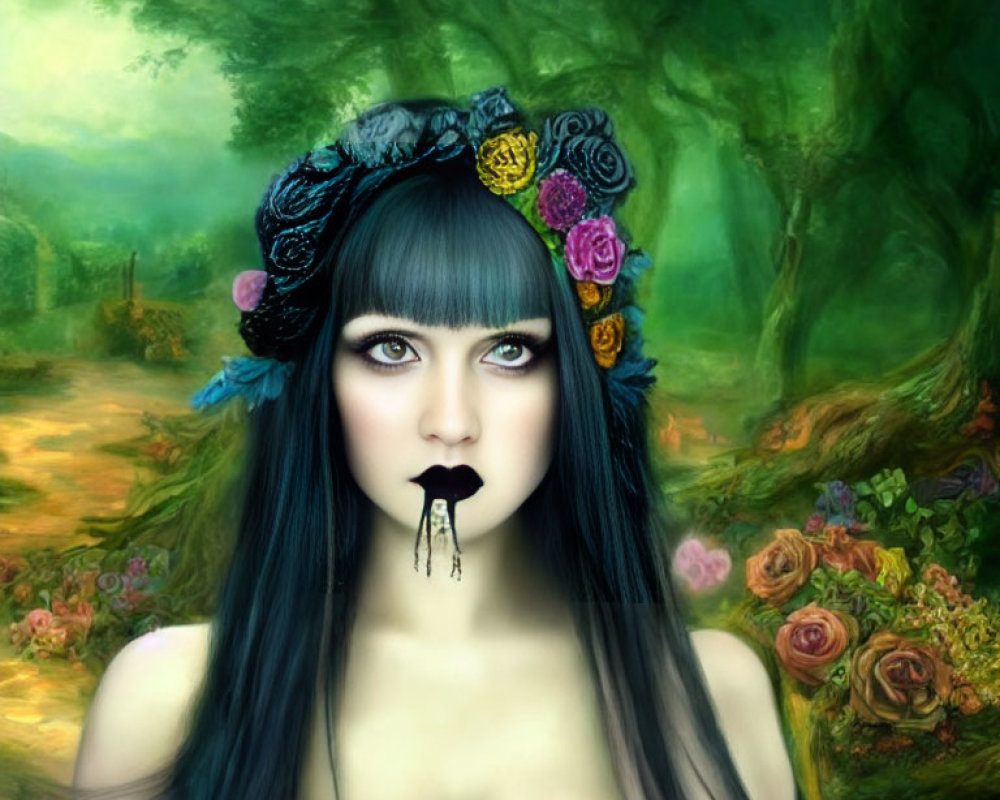 Woman with floral crown and black lipstick in mystical forest with colorful roses.