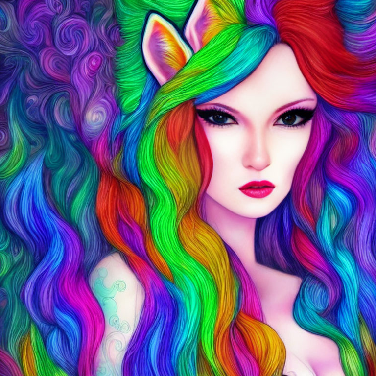 Vibrant Digital Portrait of Woman with Rainbow Hair and Cat Ears