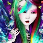 Vibrant Digital Portrait of Woman with Rainbow Hair and Cat Ears