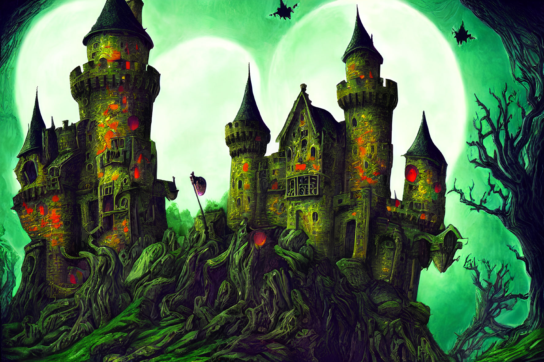 Spooky gothic castle under twin moons and flying bats