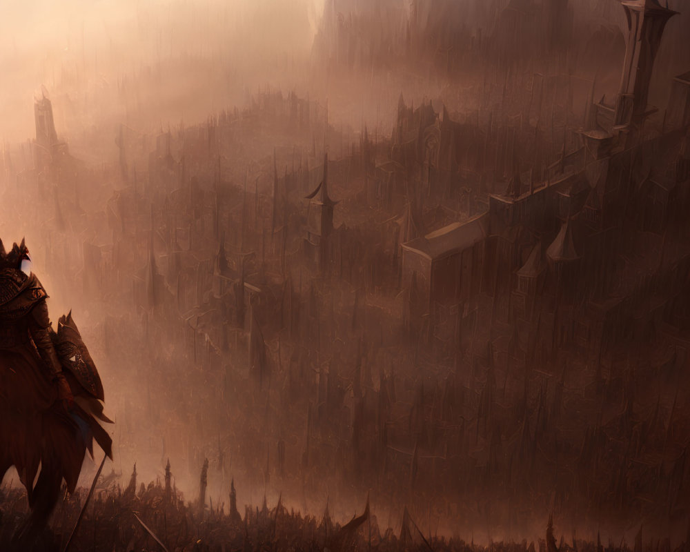 Misty fantasy cityscape with cloaked figure at dusk