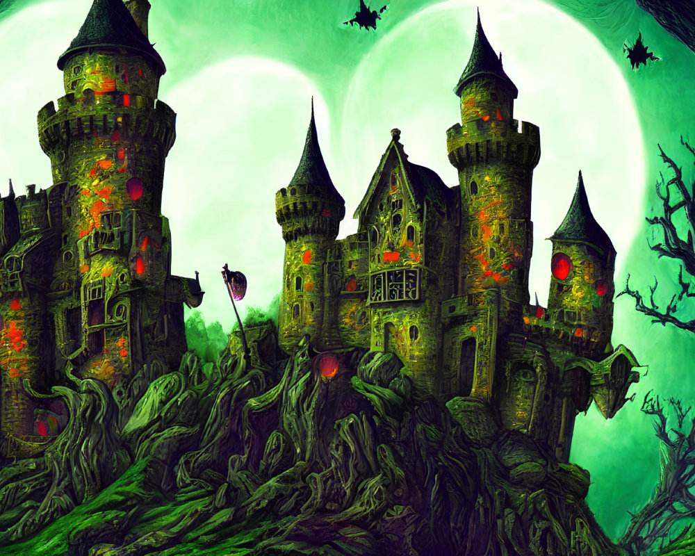 Spooky gothic castle under twin moons and flying bats