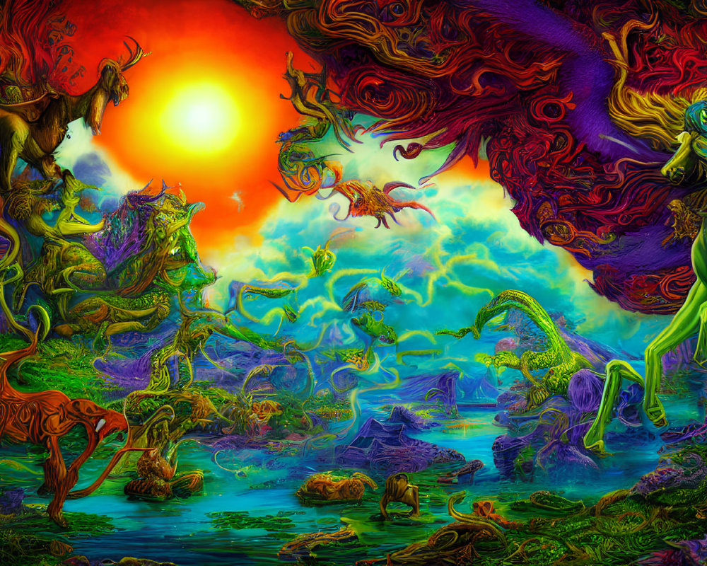 Fantastical landscape with vibrant creatures and radiant sun