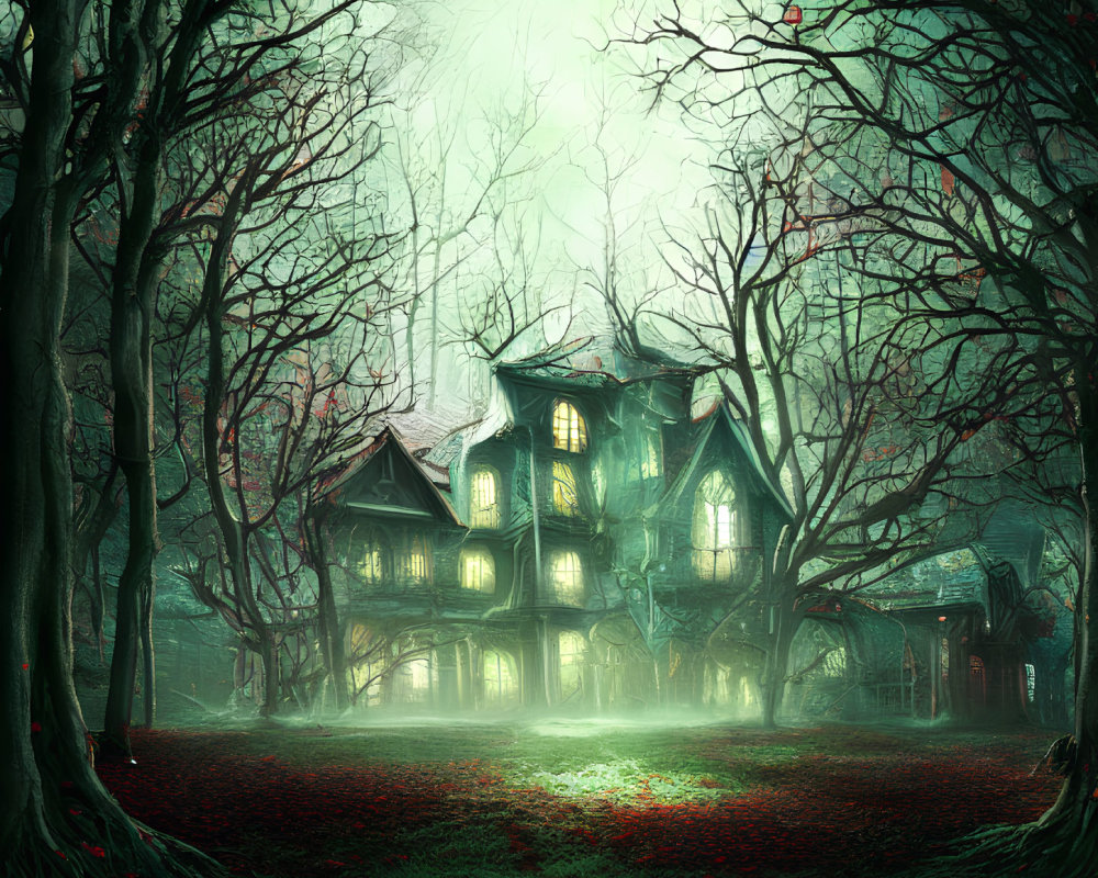 Victorian-style house in mist with ghostly light amid red leaves