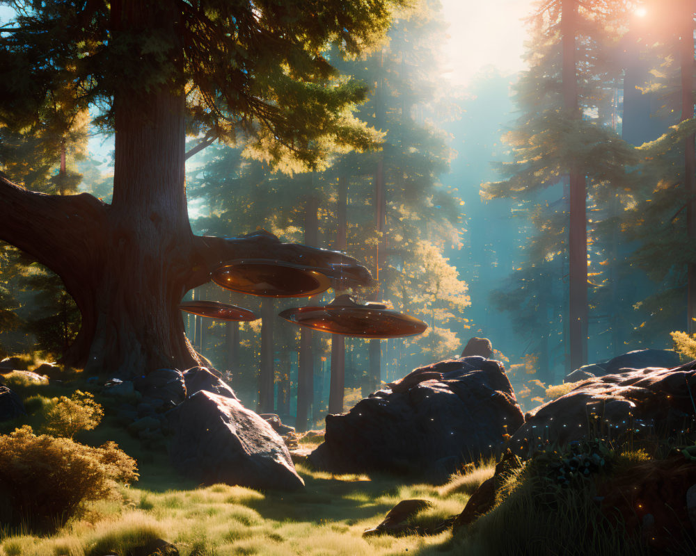 Sunlight filtering through dense forest with hovering UFOs.