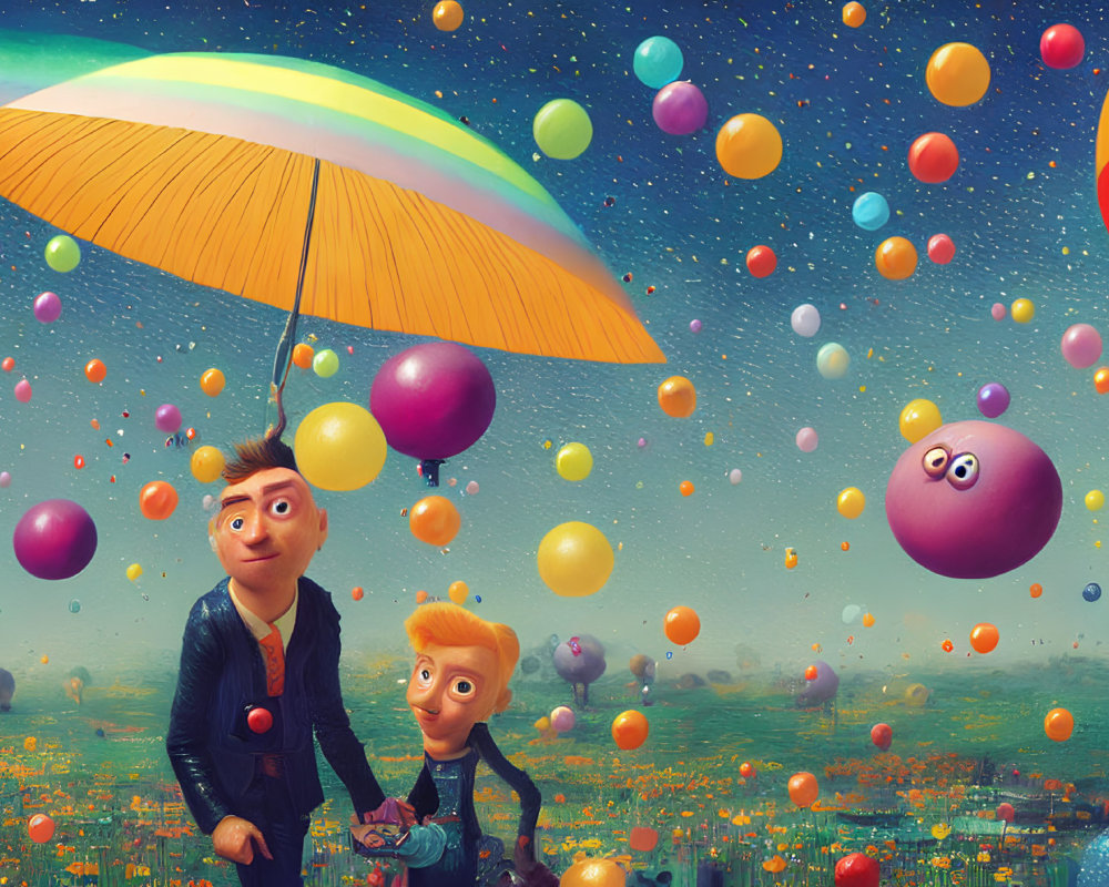 Colorful Illustration: Two Characters Under Rainbow Umbrella