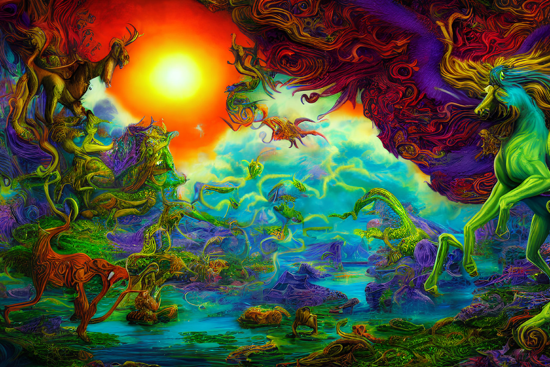 Fantastical landscape with vibrant creatures and radiant sun
