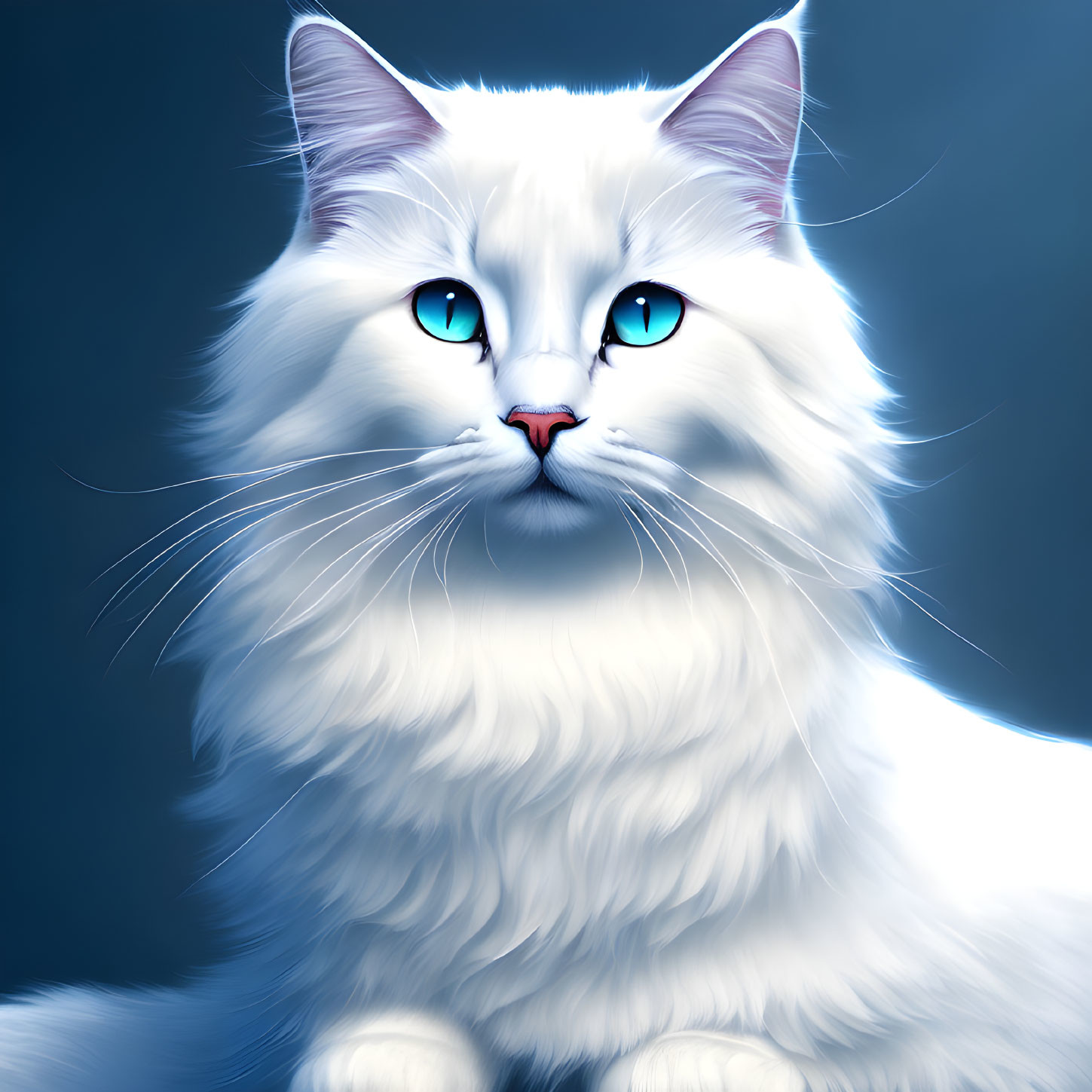 White Fluffy Cat with Blue Eyes and Long Whiskers on Dark Background
