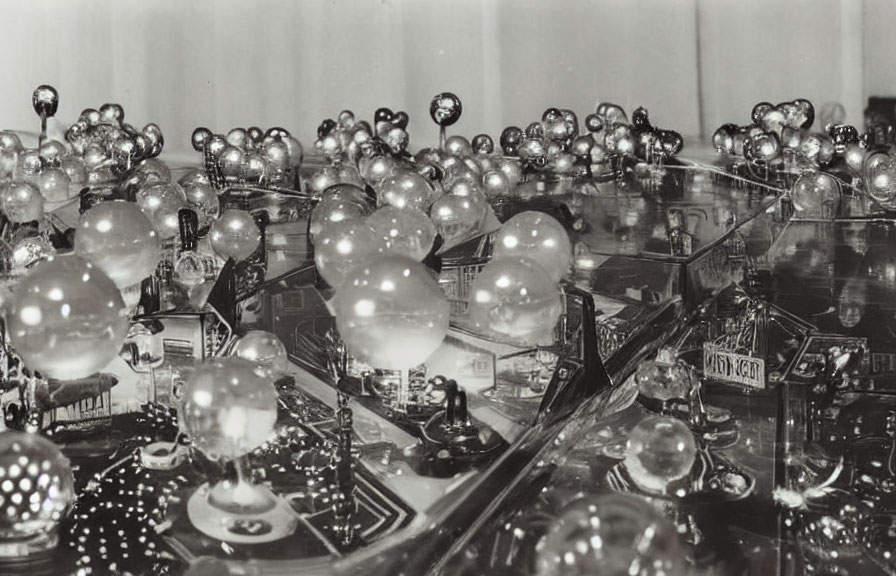 Monochrome photo of glass paperweights on reflective surface