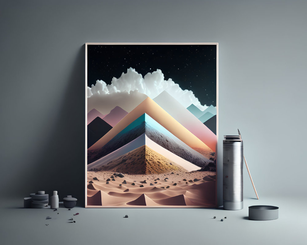 Surreal desert landscape painting with paint cans against gray wall
