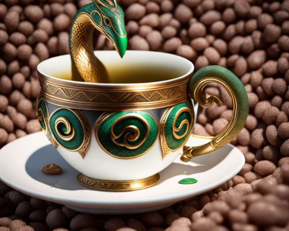 Digital Artwork: Golden Serpent in Ornate Cup with Coffee Beans